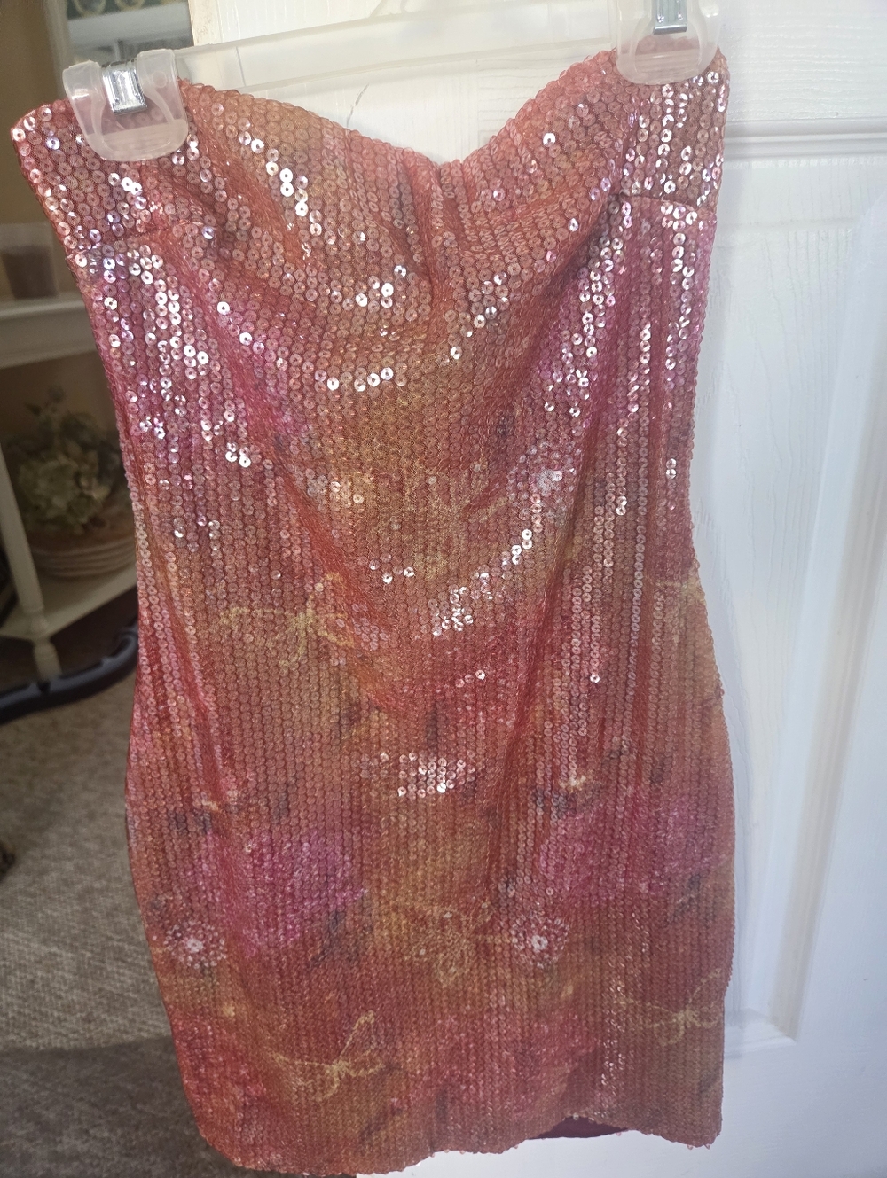 Women OUTCAST Strapless Pink-Orange Sequin Mini Dress